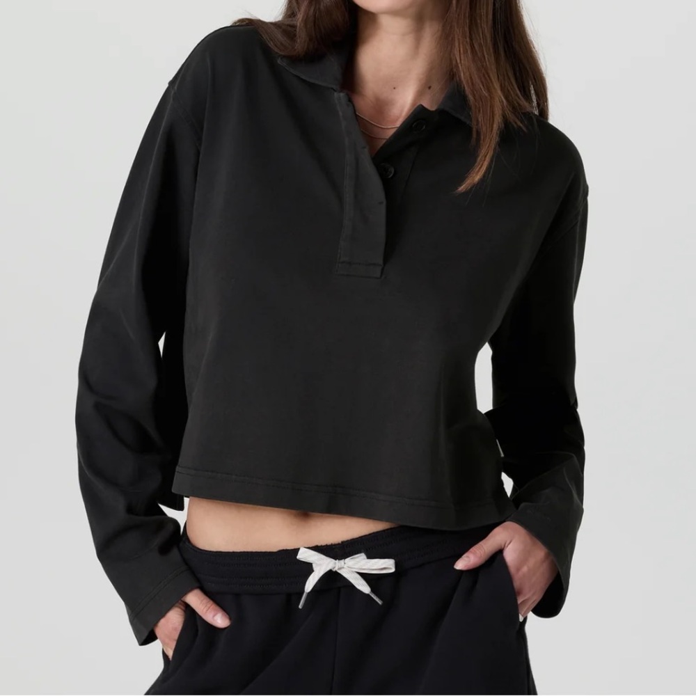 Vuori Mackenzie Rugby Polo Washed Black Women's Large NWT 🖤✨